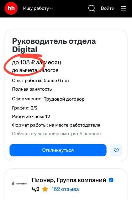 🤔Пионер ищет руководителя отдела диджитал с зарплатой 108 рублей