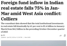 🤔В Индии приток иностранных инвестиций в недвижимость упал на 75% в январе-марте 2026 года до $400 млн