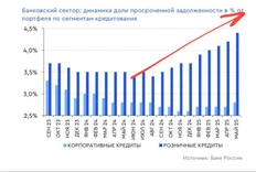 🤓По данным Газпромбанка, в период с сентября 2023 года по май 2025 года наблюдается устойчивый рост доли просроченной задолженности розничных кредитов в банковском секторе России